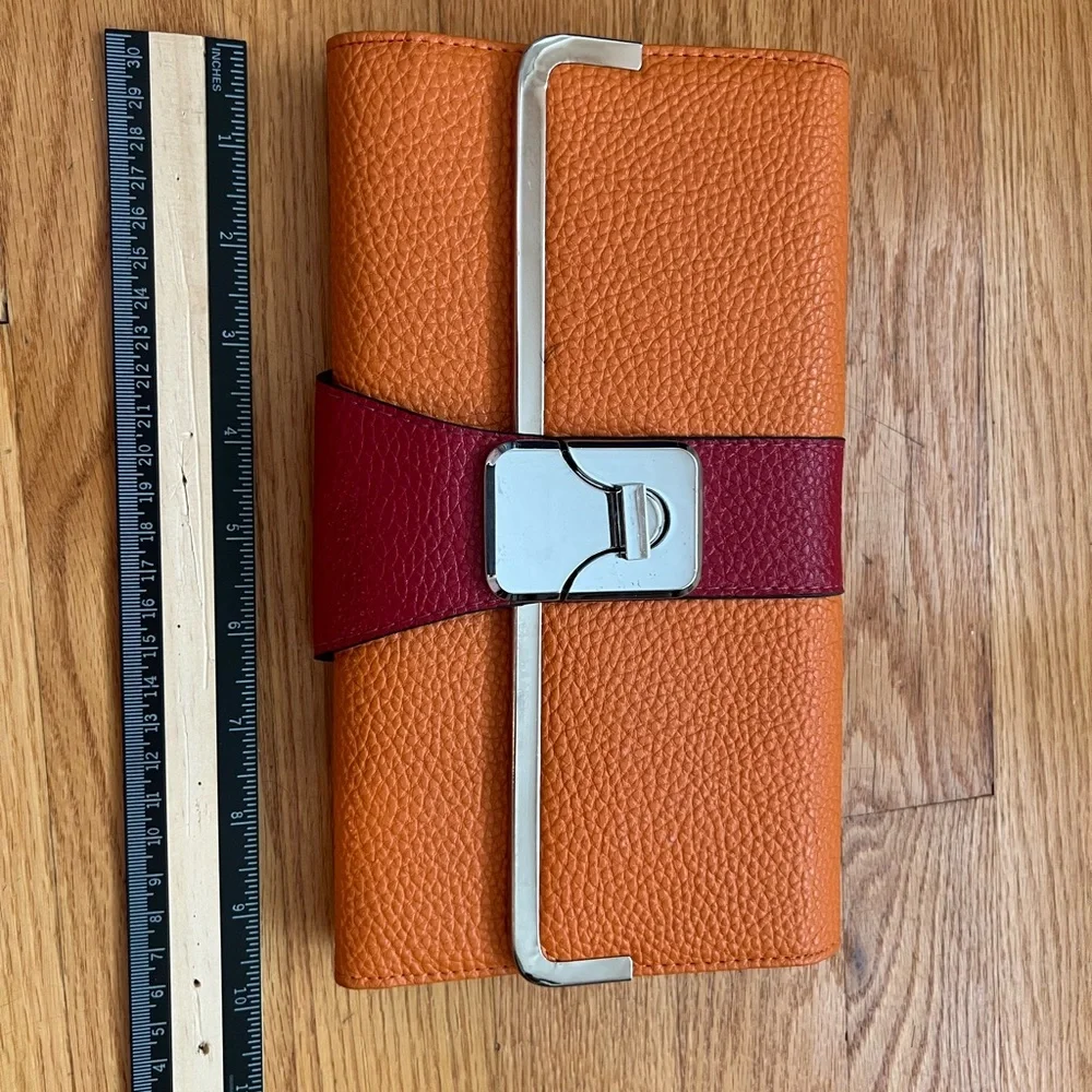 Orange and Red Leather Clutch with Silver Accent